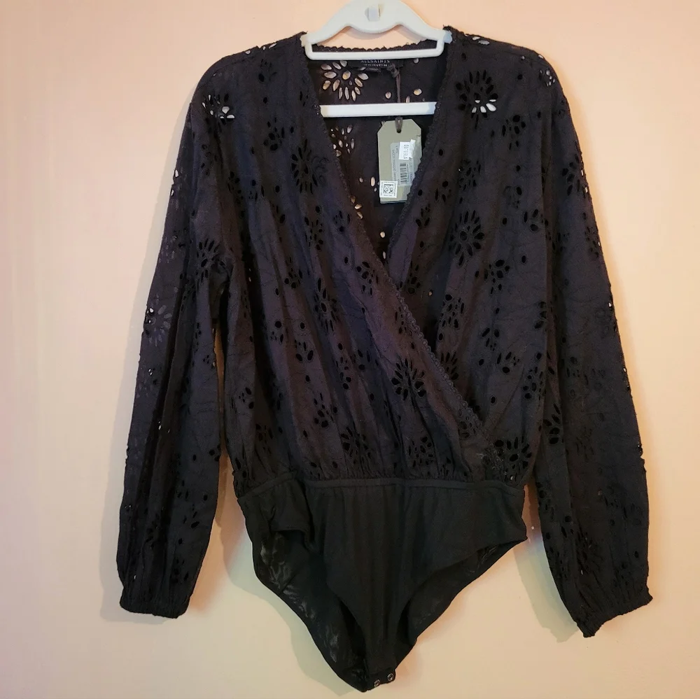 All Saints Black Amara Broderie Bodysuit, Eyelet Design, NWT, Size 6 - Picture 6 of 16